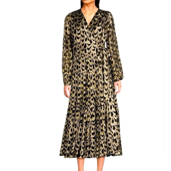 Gibson Latimer Dresses & Skirts - Gibson Latimer Gold + Black Metallic Wrap Midi Dress